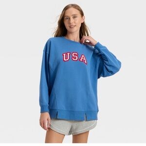 JoyLab Women's French Terry Oversized Crewneck Sweatshirt Blue USA Graphic L